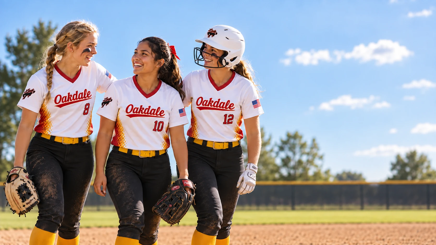 Three Lady Broncos softball players walking together in white uniforms on a sunny day at an Oakdale field.